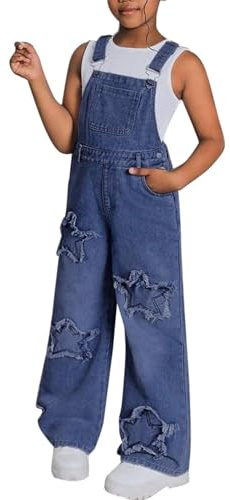Salopette in denim senza maniche per ragazze, a gamba larga, in stile retrò, con bretelle regolabili, salopette in jeans leggera con tasche, casual, Blu, 13-14 Anni