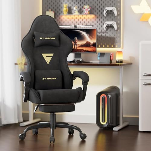 WoRaum Chaise Gamer Ergonomique,Chaise Gaming avec Massage Lombaire,Fauteuil Game Repose-Pieds Rétractable & Dossier Réglable,Confort Tissu Velours, Noir-A