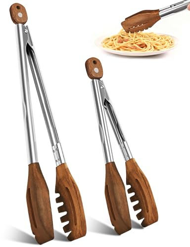 3-in-1 Wooden Tongs for Cooking Set of 2 (9, 12) Natural Walnut Wood kitchen Tongs & Pasta Tongs for Cooking, Pasta, Salad, Grilling More | Stainless Steel Non-Slip Grip, Heat Resistant, Pull Lock