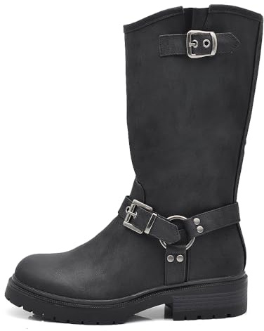 IF Fashion Scarpe Stivali da Donna Al Polpaccio Biker Motociclista Con Fibbie Cinturino Anfibi Punk Roke IF-62-1 nero N.37