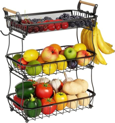 HechoVinen Frutero de 3 Niveles, Frutero 3 Pisos para Cocina, Cesta de Almacenamiento Multifuncional Moderna con Colgadores de Plátanos, Ideal para Verduras, Pan y Aperitivos