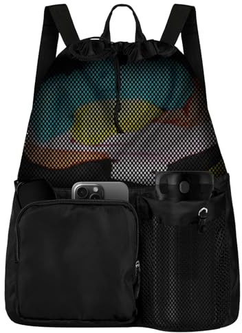 Alaoo Sac Sport Maille Léger Pliable Imperméable Poches Multiples Noir A | Sac à Cordes Gym Sport Femme Homme Multifonction pour Voyage Gym Plage Piscine