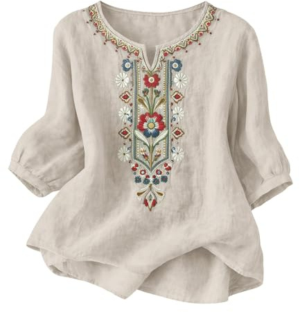 riou Camisas Mujer Manga 3/4 Algodón y Lino Primavera Cuello en V Casual T-Shirt Vintage Bordado Camiseta de Mujer Moda Casual Elegante Suelto Fiesta Tops T-Shirt Original Oficina Negocios