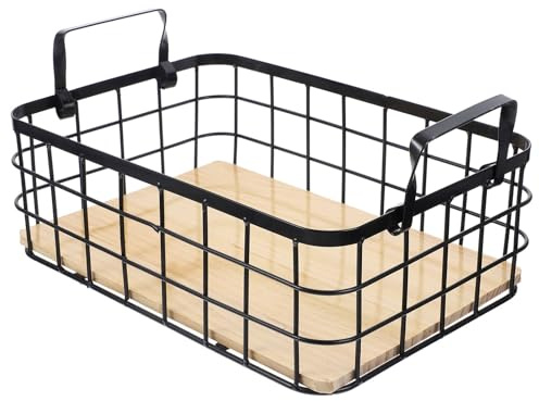 WRITWAA Cesta de Alambre para Almacenamiento de Frutas y Verduras Asas, Organizador Rectangular de Metal y Madera para Cocina y Despensa 32X22X11 CM