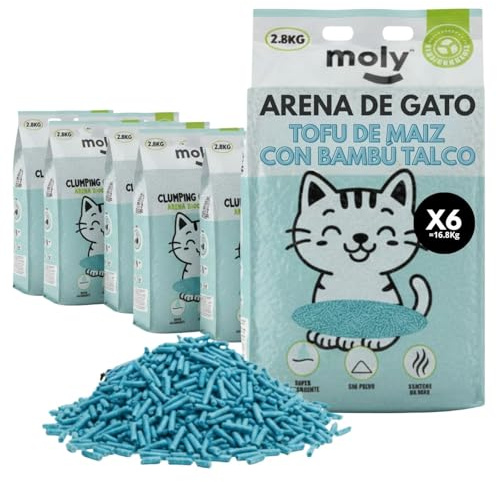 MOLY x6 Arena de Gatos Tofu de Maiz y Bambu 16,8 KG 22,2 L | Arena Biodegradable y Aglomerante Alta Absorcion con Aroma de Talco | Control Total de Olores | Sin Polvo | Lecho Mineral