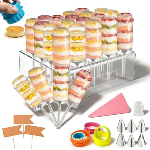 Cake Push Pops with Lids, 24 Pack Food-Grade Reusable Cake Push Pop Containers with Stand, Sturdy Push Up Cake Pop Containers with Cutter Tool for Birthday, Wedding, Party & DIY Baking (One Set)