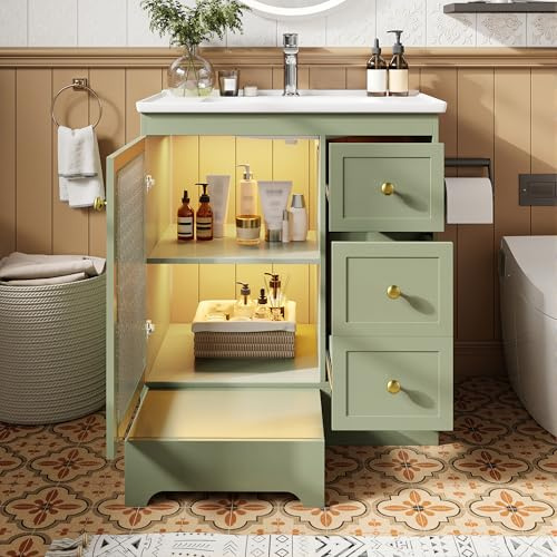 Ktipm Mueble Baño con Iluminación LED y Pedal Oculto, Muebles de Baño con Lavabo y 2 Cajones, Armario de Baño con Puerta de Cristal y Tirador Metálico, Lavabo con Mueble, 80x50x87 cm, Verde