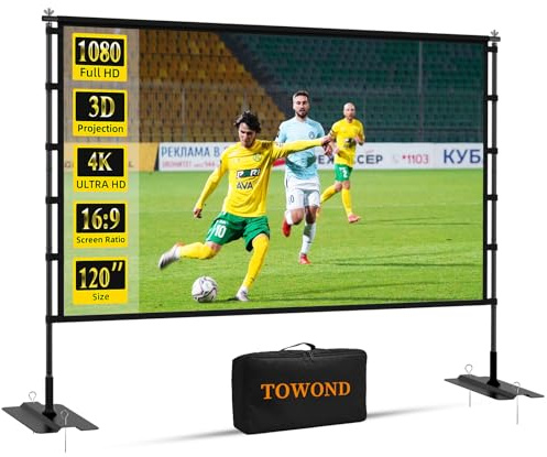 TOWOND 120 inch Projector Screen with Stand, Outdoor Movie Screen for Backyard and Camping, 4K HD 16:9 Anti-Crease Portable with Carry Bag for Sports Viewing Parties - Support Double Sided