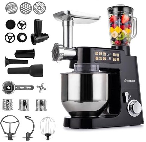 LEHMANN Teyles Multifunktions-Küchenmaschine 8L 2100W mit Waage & Heizschüssel, Planetarische Knetmaschine für Brot- & Pizzateig, 1,5-Liter-Mixer, Fleischwolf, Touchdisplay, Schwarz