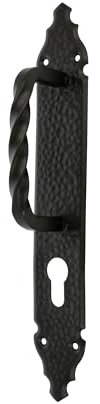 Amig - Manillón para Puertas de Paso o Entrada Modelo 105-280 x 45 mm - Manilla con Placa de Acero - Acabado Negro - Incluye Bocallave - Estilo Rústico Forjado a Mano