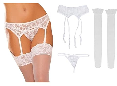 MAKFORT Womens Sexy Garter Belt Lace Lingerie Thigh High Stockings with Suspender Belt White