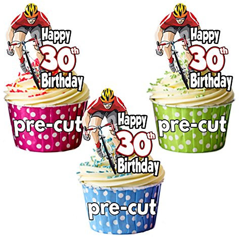 AK Giftshop PRECUT Cyclist Cycling Bike Riding Themed - 30th Birthday - Edible Cupcake Toppers/Cake Decorations (Pack of 12)