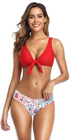 SHEKINI Costume da Bagno Donna Ties-up Regolabile Elegante Colletto Basso Costumi Due Pezzi Donna Triangolo Vita Bassa Sportivo Fondo Bikini da Spiaggia（S，Rosso）