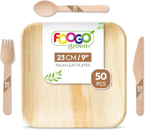 FOOGO Green 200pcs Disposable Palm Leaf Plates and Wooden Cutlery Set, FSC® Certified, 50x Large Square Plates, 50x Forks, 50x Knives, 50x Spoons, Eco Friendly Biodegradable, Party