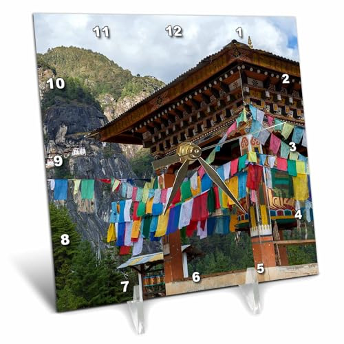 3dRose 6x6 Desk Clock - Bhutan, Paro. Prayer Wheel Flags, in View of Tigers Nest Monastery. Places