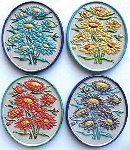 GIRASOLI PANNELLI A MURO (SET 4 PEZZI) IN CERAMICA DI VIETRI DIPINTI A MANO: ALTEZZA CM. 20, LARGHEZZA CM. 14 MATTONELLE PIASTRELLE PARETE TERRACOTTA