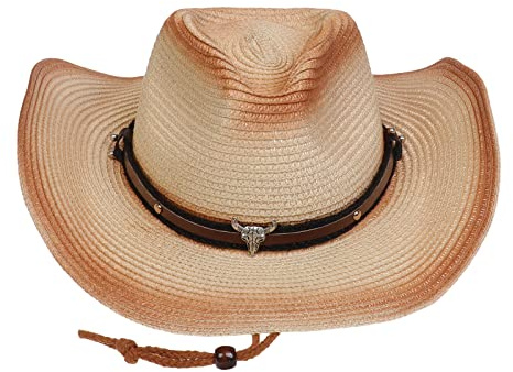 NiceYnn Texanischer Cowboyhut für Erwachsene, Kostüm, Partyzubehör, Land, Western-Rancher, Stroh, breite gerollte Krempe, Cowgirl-Hüte mit Wind-Umhängeband, #B Beige + Rot Kaffee, Einheitsgröße