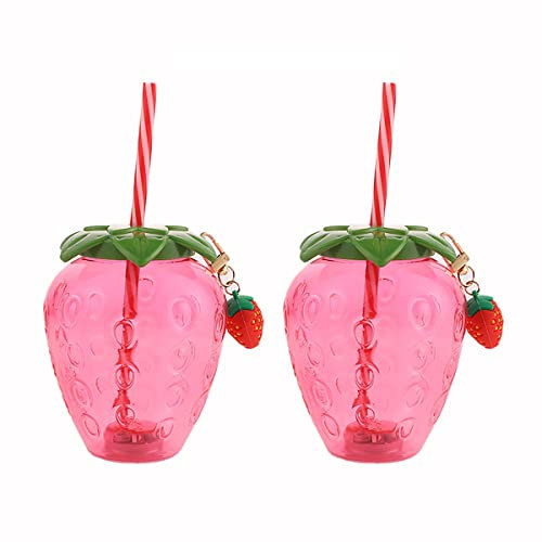 Verve Jelly 2Pack Drinking Cup with Lid and Straw Lovely Strawberry Tumbler Mug Plastic Water Bottle Resuable Cold Beverage Mug Jar for Summer Pool Tropical Party Supplies, 500ML, Pink