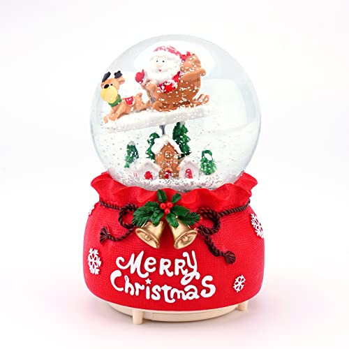 Christmas Musical Snow Globe Santa Sledging Elk Snow Globe Red Musical Boxes with Changing LED Lights Up Plays 8 Songs Christmas Figurines Decorations for Home Bedroom Desktop