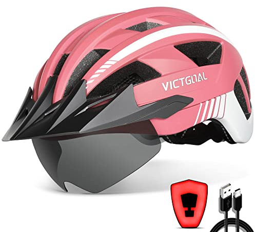VICTGOAL Cykelhjälm MTB-hjälm för män med LED-ljus, magnetiska skyddsglasögon, andningsbart visir, Mountainbike-hjälm för unisex justerbara cykelhjälmar (M: 54–58 cm, rosa)
