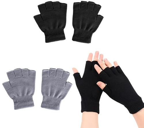 Scettar 2 Paar fingerlose Handschuhe, gestrickte warme Winterhandschuhe, Halbfingerhandschuhe für Kinder und Erwachsene (Schwarz und Grau)