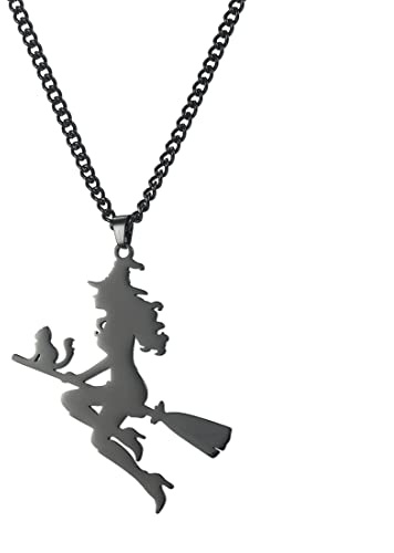 EUEAVAN Magische Hexe Besen Katze Anhänger Halskette Fliegende Hexe Mond Halbmond Besenstiel Choker Hexerei Charme Halloween Amulett Schmuck Geschenke Mädchen