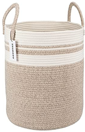 XUANGUO Cotton Rope Laundry Basket Hamper for Clothes Woven Storage Basket for Living Room Bedroom Boho Tall Rope Baskets for Blanket Toys Pillow Towels Baby Nursery Hamper Bin Large brown and white