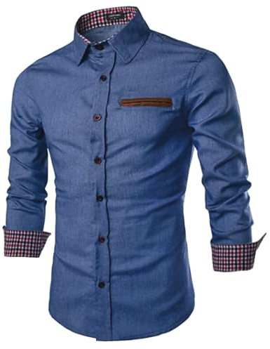 COOFANDY Mens Denim Shirt Long Sleeve Casual Dress Shirt Slim Fit Cowboy Shirts Cotton Button Down Work Shirts with Plaid Collar Sky Blue M