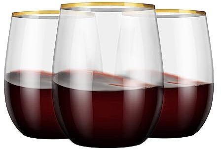 BEEPOP 12 oz Gold Rim Unbreakable Plastic Wine Glasses – Set of 12 Reusable Tumblers | BPA-Free, Drop-Proof, Recyclable Cocktail Glasses for Garden Parties, BBQs, Poolside, Hot Tubs & Picnics