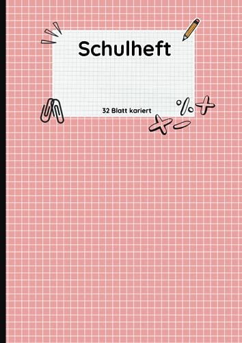 Schulheft DIN A4, 32 Blatt, Heft kariert ohne Rand, Mathe, Schulheft kariert, große Kästchen, Rosa, Mädchen