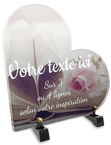 Gedenktafel Herz aus Plexiglas, Motiv Buch und Rose, verschiedene Größen, Stärke 6 mm, personalisierbar, 20 x 20 cm