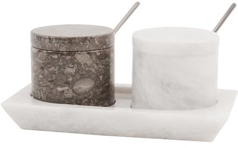 Radicaln Bodega de sal de mármol con tapa y bandeja, recipiente de sal oceánica y blanca de 3 pulgadas, juego de 2 tarros de condimentos, contenedor de almacenamiento de especias para encimera de
