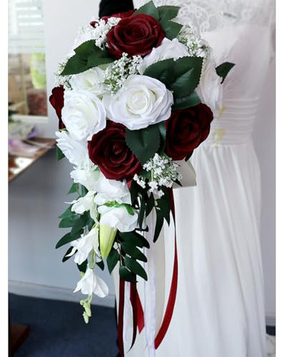 Artificial Rose Bridesmaid Bouquet - Romantic Wedding Bouquet For Bridal Ceremony Tossing, White & Burgundy