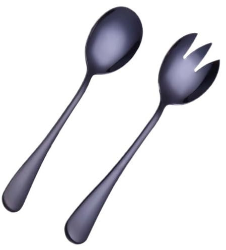 2 Pcs Steel Salad Spoon Salad Spoon Fork Serving Set Salad Mixing Dinner Fork for Kitchen Cooking Utensil Cutlery Set Black