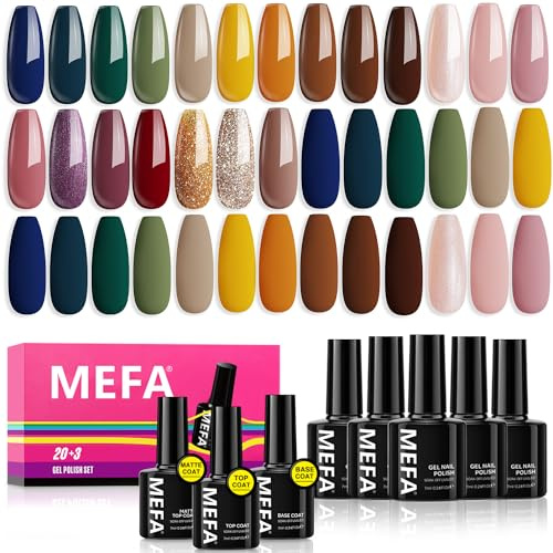 MEFA UV Nagellack Set, 23 Stück Gel Nagellack mit Base und Top Coat Matte, 20 Farben Nude Braun Glitzer Orange Grüne Gellack für Gel Nail Polish UV LED Nägel Gellack Nageldesign