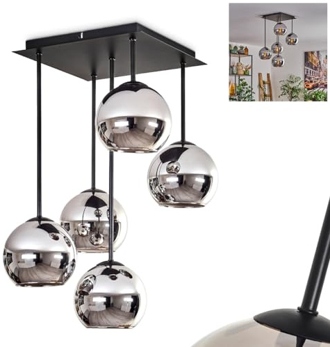 Deckenleuchte Koyoto, Deckenlampe aus Metall/Glas in Schwarz/Chrom/Rauch, moderne Leuchte im Retro/Vintage-Design mit Schirmen aus Glas, Ø 15 cm, 5 x E14, Schlafzimmer, Wohnzimmer, Küche, Esszimmer