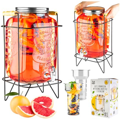 Getränkespender mit Ständer 8L, Getränkespender Glas mit Zapfhahn, Glas-Wasser-Saft-Spender mit Hahn - Drink Dispenser für Bier Limonade Saft Tee Wasser Getränke