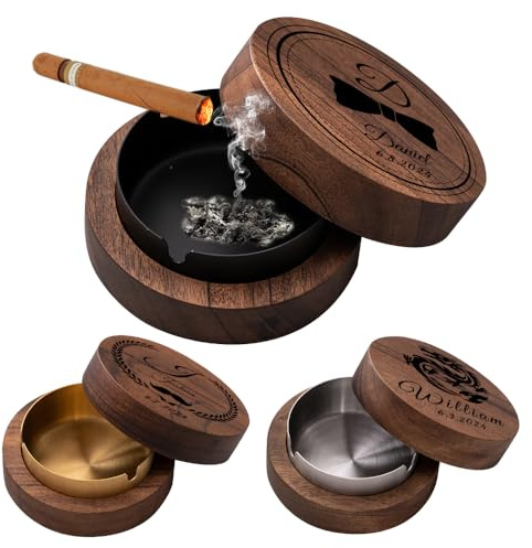 Personalisierter hölzerner Aschenbecher Mit Deckel,Innen-oder Außenbereich,Terrasse,Kneipe,Büro & Haus, für den Vatertag und Freunde,Trauzeugen,Beste Männer,Raucher (Aus Holz A)