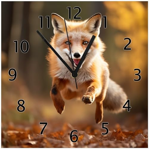 Wallario Design-Wanduhr Rennender Fuchs aus Glas, Motiv-Uhr Größe 30 x 30 cm, Schwarze Zeiger