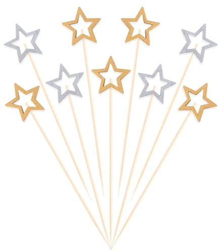 DazzJoy 50 pinchos de madera para cócteles, 12 cm, palillos de madera dorados y plateados, pinchos decorativos para cócteles, para fiestas, brochetas de frutas en forma de estrella, palillos de madera