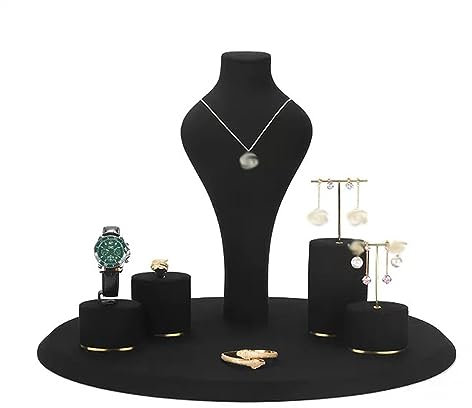 MYVVKIA Schmuckhalter, Schmuck-Organizer-Ständer, Schmuckbüsten-Ausstellungsständer, schwarzer Samt, Schmuckbüsten-Ausstellungsständer-Set, Halsketten-, Ring-, Ohrringbüsten-KOM