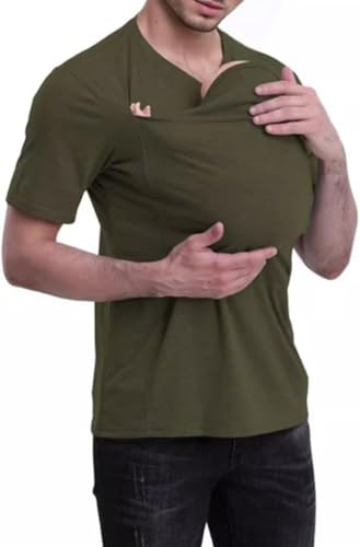 FENXIXIONE Papa Chemise Kangourou Chemise porte-bébé Conçue pour aider les nouveaux papas à tisser des liens Col en V Manches courtes à manches courtes pour hommes (L,Vert)
