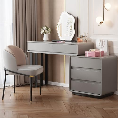 Ernqi Schminktisch mit LED-beleuchtetem Spiegel, Aufbewahrungsschrank Links und rechts austauschbar und einziehbar, Schminkhocker, perfekt für Schlafzimmer und kleine Räume (Gray,D_39.4IN)
