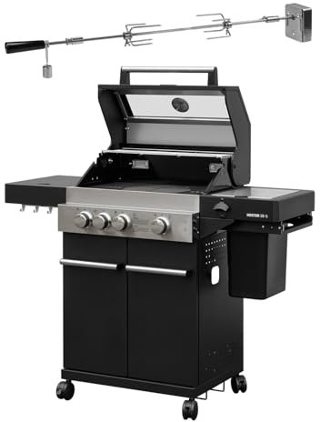 Feuergott Gasgrill Hektor 3B-S inkl. Drehspieß und Abdeckhaube mit 3 Brennern, Sear-Brenner, Gusseisen-Grillrost, Seitenkocher, Sichtfenster und Thermometer für Garten und Terrasse