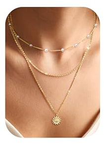 Chriscoco 3Pcs Cadena Oro Mujer Collar Dorado en Capas Gargantilla Dorada Moneda Círculo CZ Corazón Cruz Perlas - con Caja de Joyería