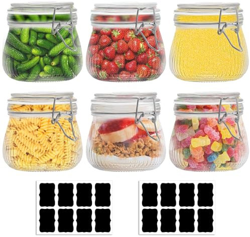 Omtofo 6 Barattoli Ermetici A Clip Da 500ml, Barattoli Ermetici Per Alimenti Con Etichette, Anello Di Gomma Barattoli Vetro Con Coperchio Per Vasetti Marmellata Cereali, Chicchi Di Caffè, Spezie