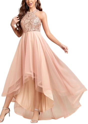 ORANDESIGNE Vestito da Sera Elegante Donna Lungo Vestiti Paillettes in Tulle Chiffon Abito Damigella d'Onore Vita Alta Formale Maxi Abiti da Cerimonia Linea ad A Stile Impero C Champagne S