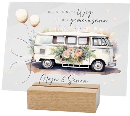 Herz & Heim® Personalisierbares Acrylbild zur Hochzeit – Geldgeschenk mit Namen – Verschiedene Motive – Hochzeitsgeschenk mit Holzständer (Bulli)