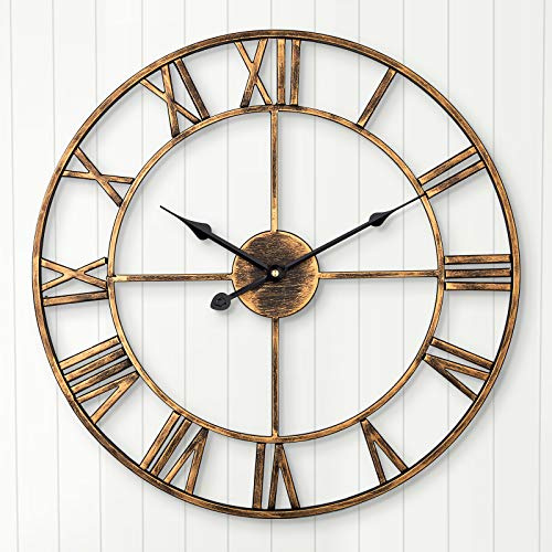 ARVINKEY Leise Wanduhr, europäisches Bauernhaus, Vintage-Uhr mit römischen Ziffern, 47 cm, Nicht tickend, batteriebetrieben, Metallskelett, dekorative Uhr für Zuhause, Küche, Café (Gold)