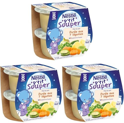Nestlé - P’tit Souper Purée aux 7 Légumes - Petits Pots Bébé 8 Mois et Plus - Composés de Légumes, Féculents, Lait Écrémé - Pour un Repas Bébé Soir Doux - Morceaux Fondants - Sans Sel Ajouté
